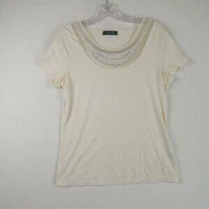 Lauren Ralph Lauren Embellished Short Sleeve Tee Size L Cream